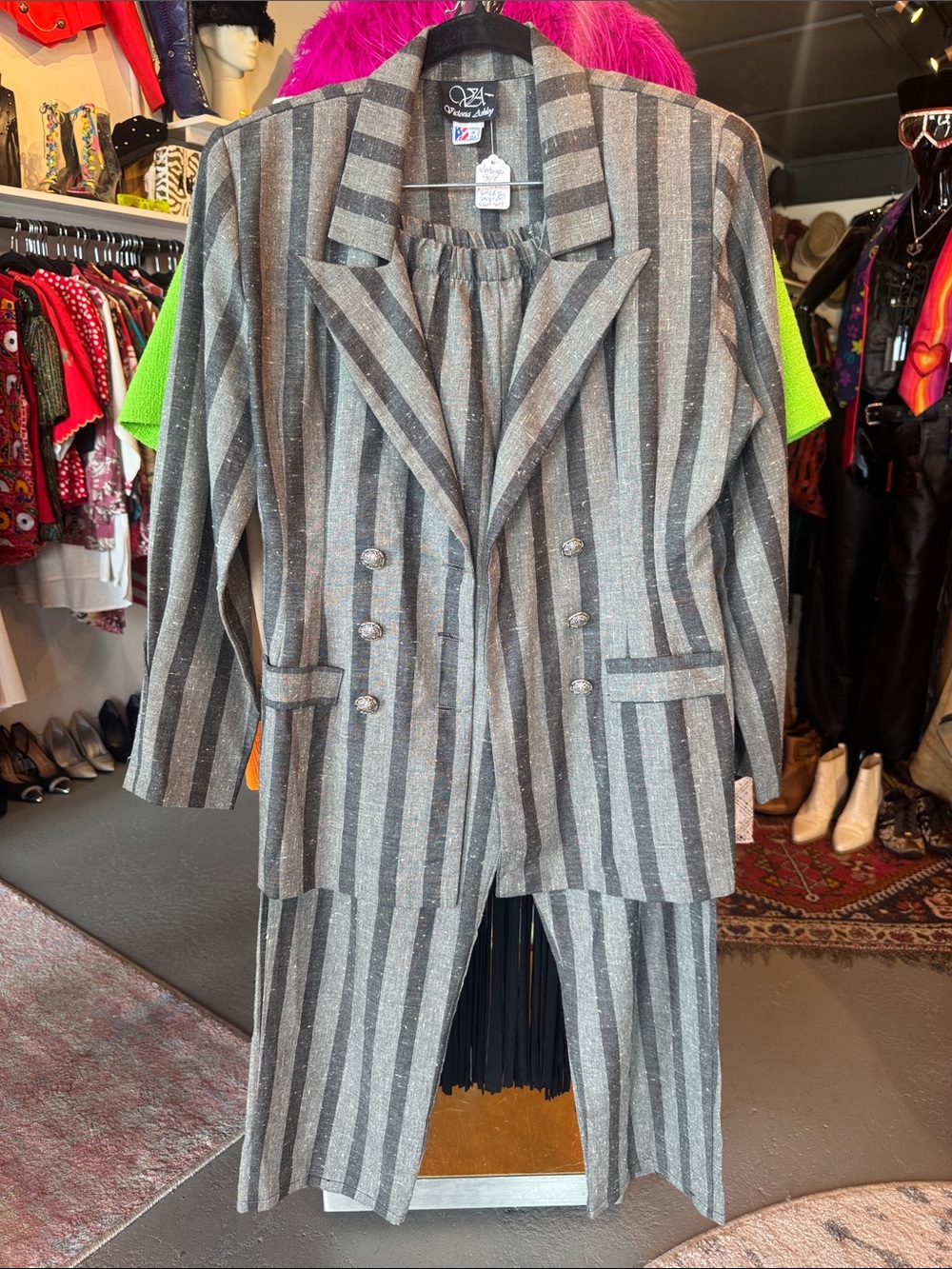 Vintage 90s Victoria Ashley Gray & Black Striped Blazer and Trouser Set